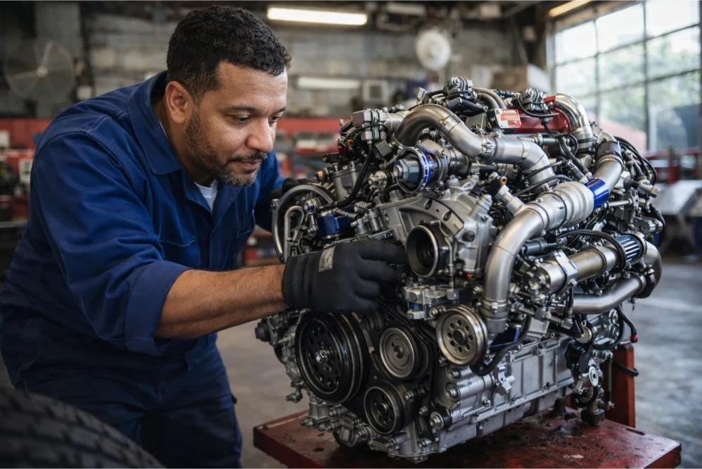 Engine Reconditioning Technician adjusting performance components